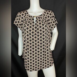 Womens Black brown Geometric Keyhole Top Liz Claiborne Short Sleeve Blouse Sz L